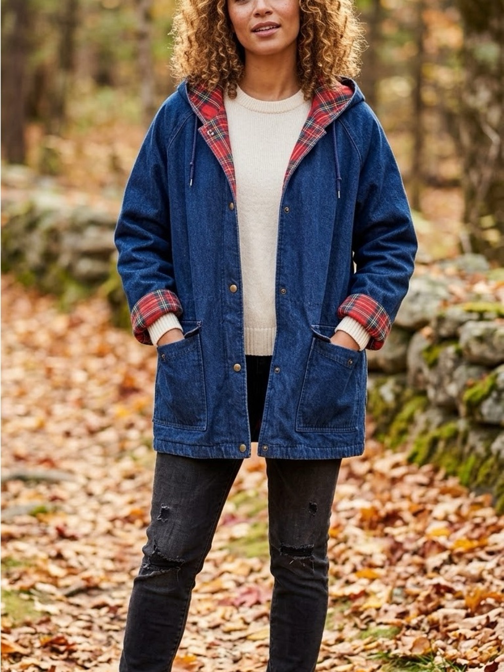 L.L. Bean Blue Denim Hooded Jacket with Red Plaid Lining